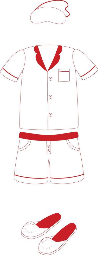 vector acortar Arte con mujer pijama colocar, dormido máscara y traviesas Zapatos en blanco y rojo colores. hembra ropa de dormir conjunto con camisa y pantalones cortos modelo