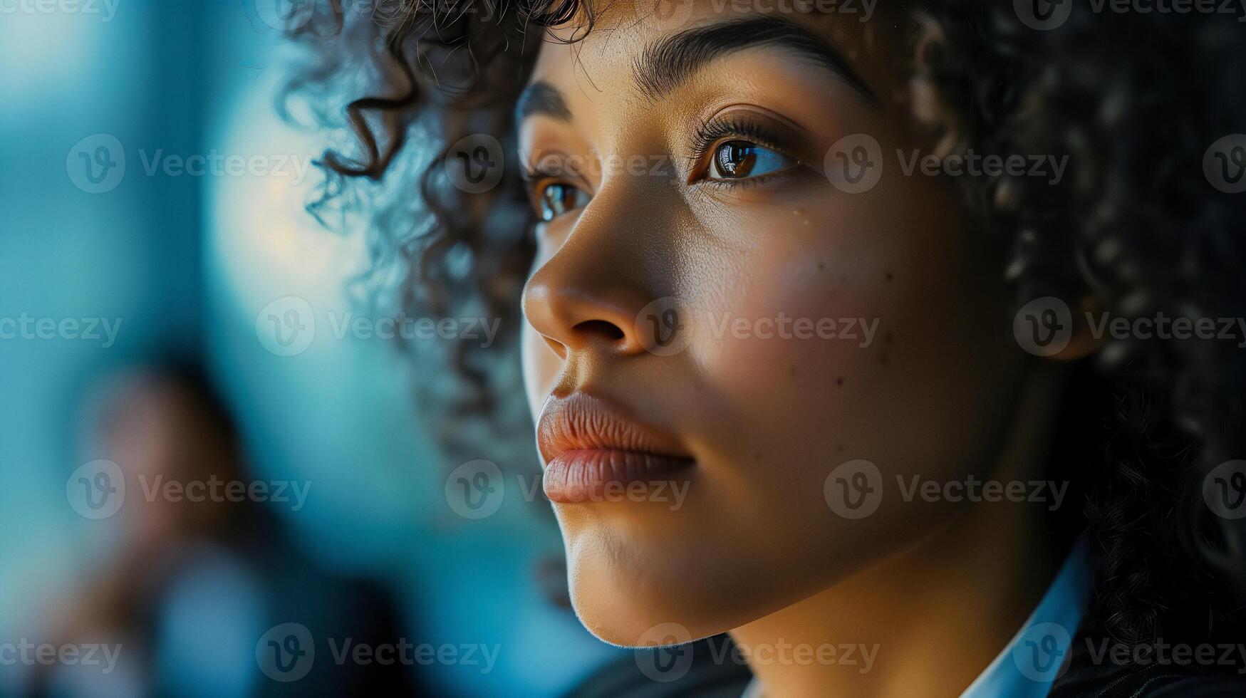 AI generated Close-up portrait of a thoughtful woman with curly hair. Human emotions and personal contemplation concept for mental health, psychology, and inner peace. photo