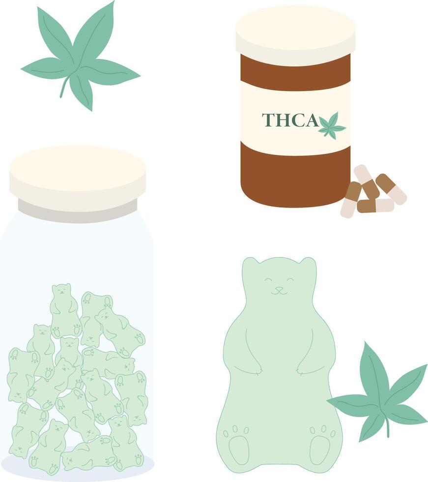 CBD gummy bears and hemp leaves. THCA capsules clipart vector