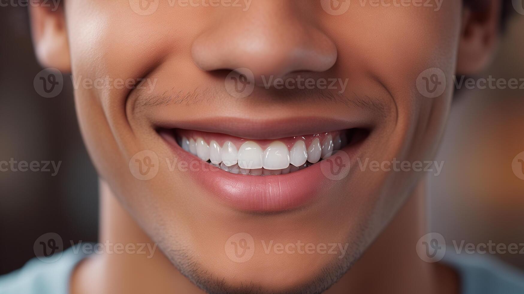 AI generated Close-up of a confident male smile with straight white teeth. Dental care and self-assurance concept for design and print. photo
