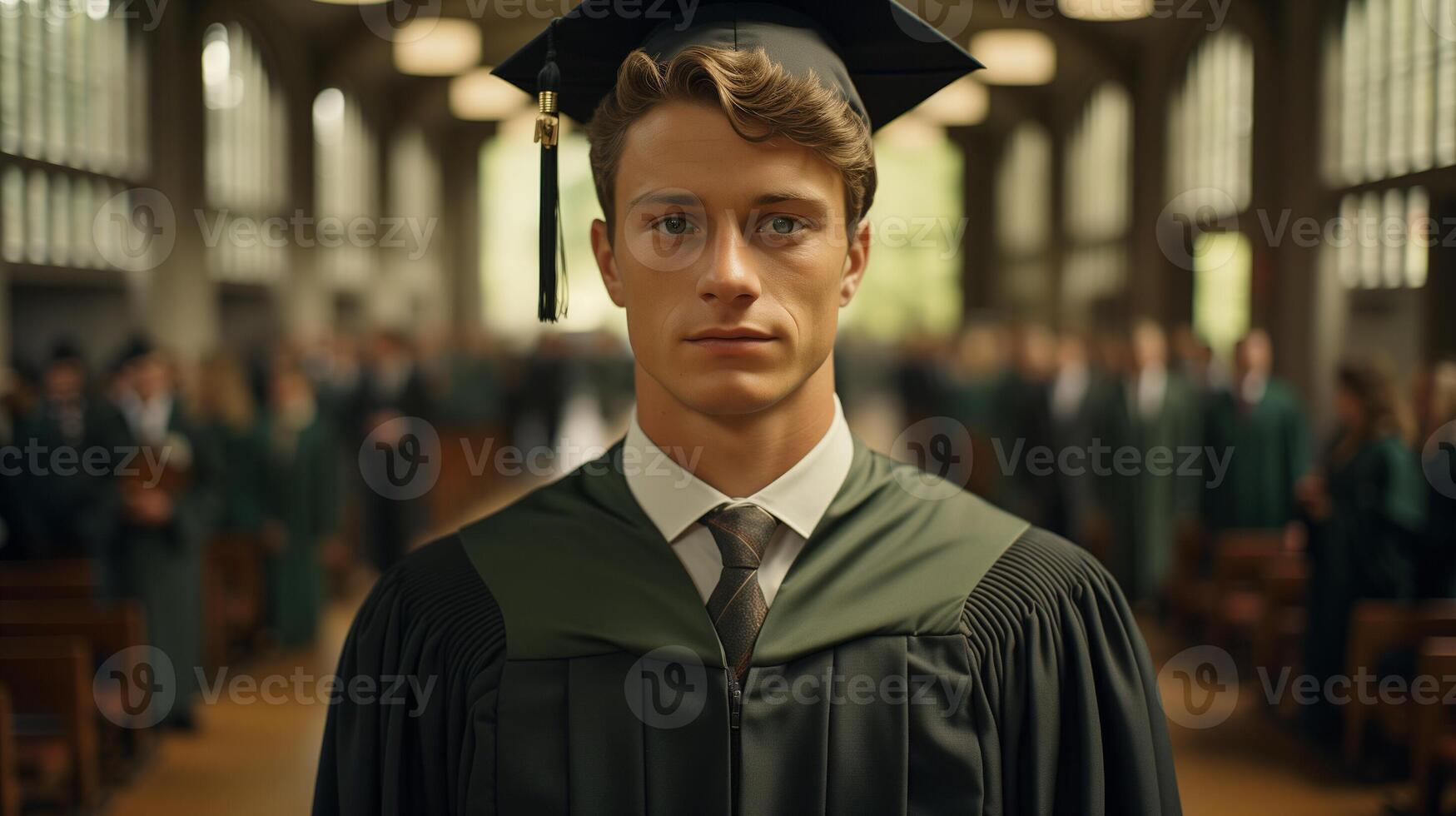 AI generated Serious male graduate in cap and gown standing in a hall during a graduation ceremony. Academic achievement and education concept. photo