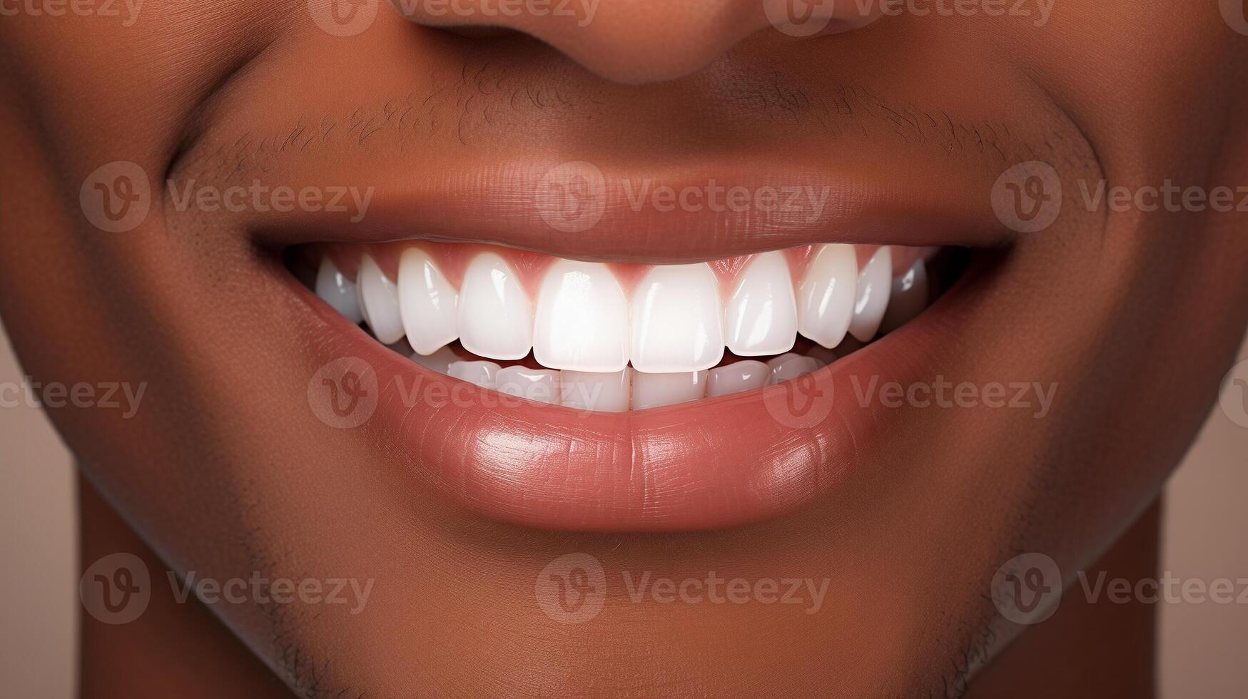 AI generated Close-up of a perfect smile with white teeth and healthy gums. Dental care and beauty concept for design and print. photo