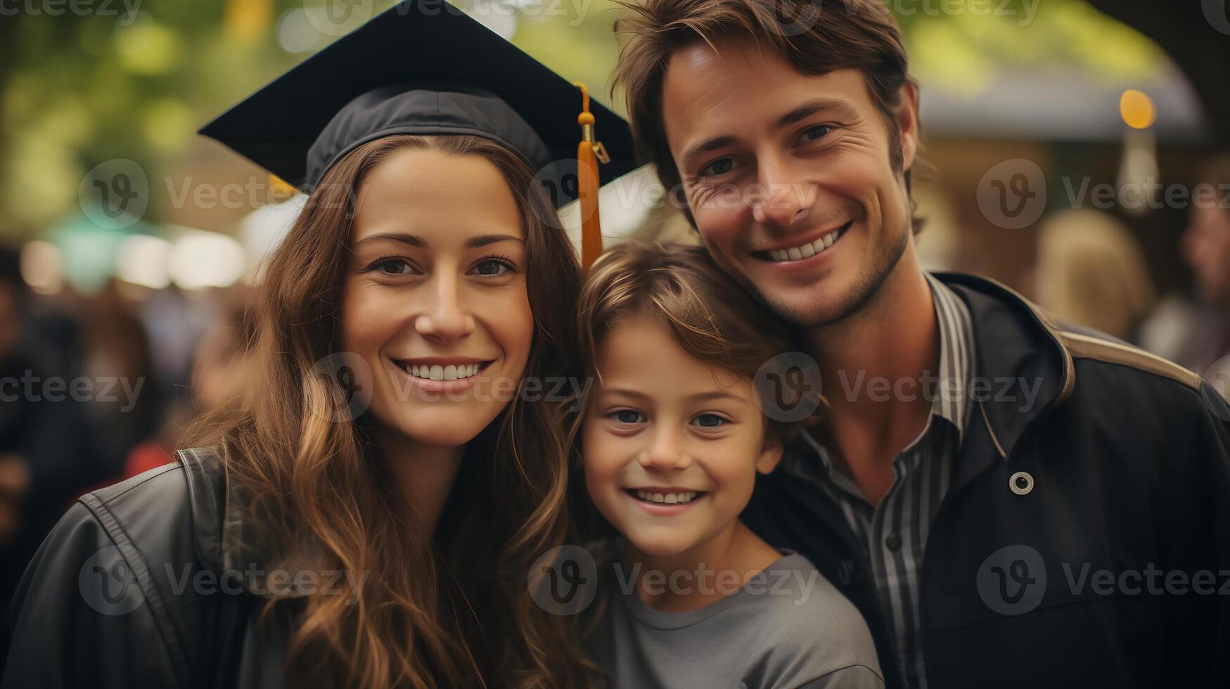 AI generated Family celebrating graduation ceremony outdoors. Joyful moment, education achievement concept, proud parents with graduating child, wearing cap and gown. photo