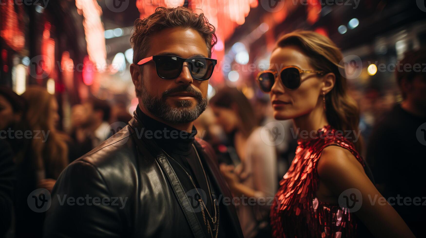 AI generated Couple in party attire with sunglasses at club. Nightlife and fashion concept. Design for event poster, banner. photo