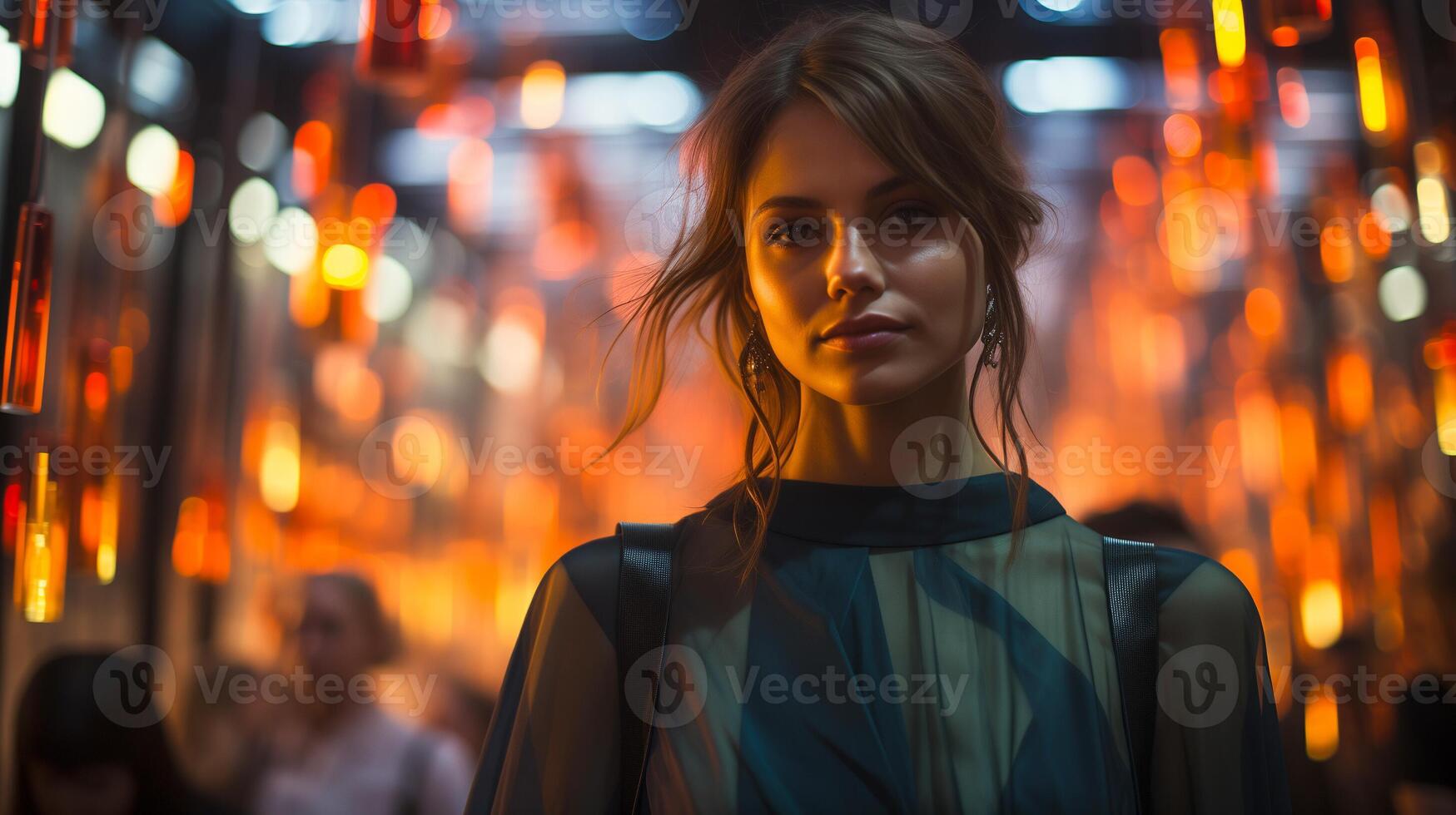 ai generado mujer en escotado por detrás vestir a evento. noche gala Moda y elegancia concepto. diseño para invitación, bandera con Copiar espacio. foto