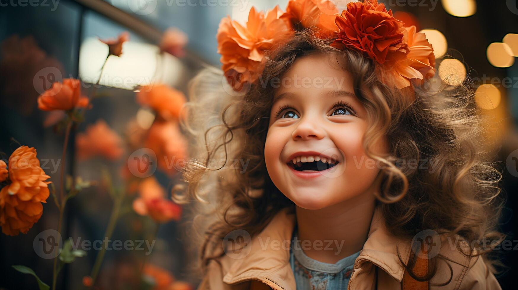 AI generated Curly-haired child smiling in field of orange flowers at sunset. Happiness and summer concept. Design for greeting card, poster, children's book cover photo
