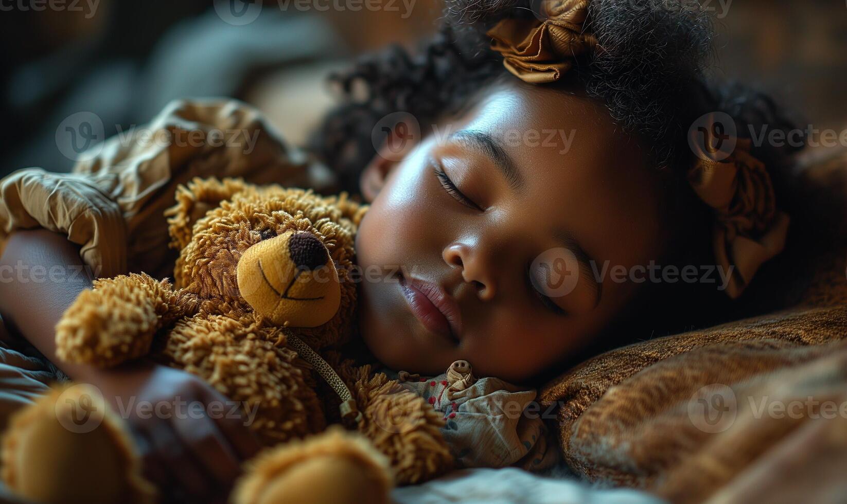 AI generated Young child peacefully sleeping, embracing a teddy bear, embodying a moment of innocence and serenity. photo