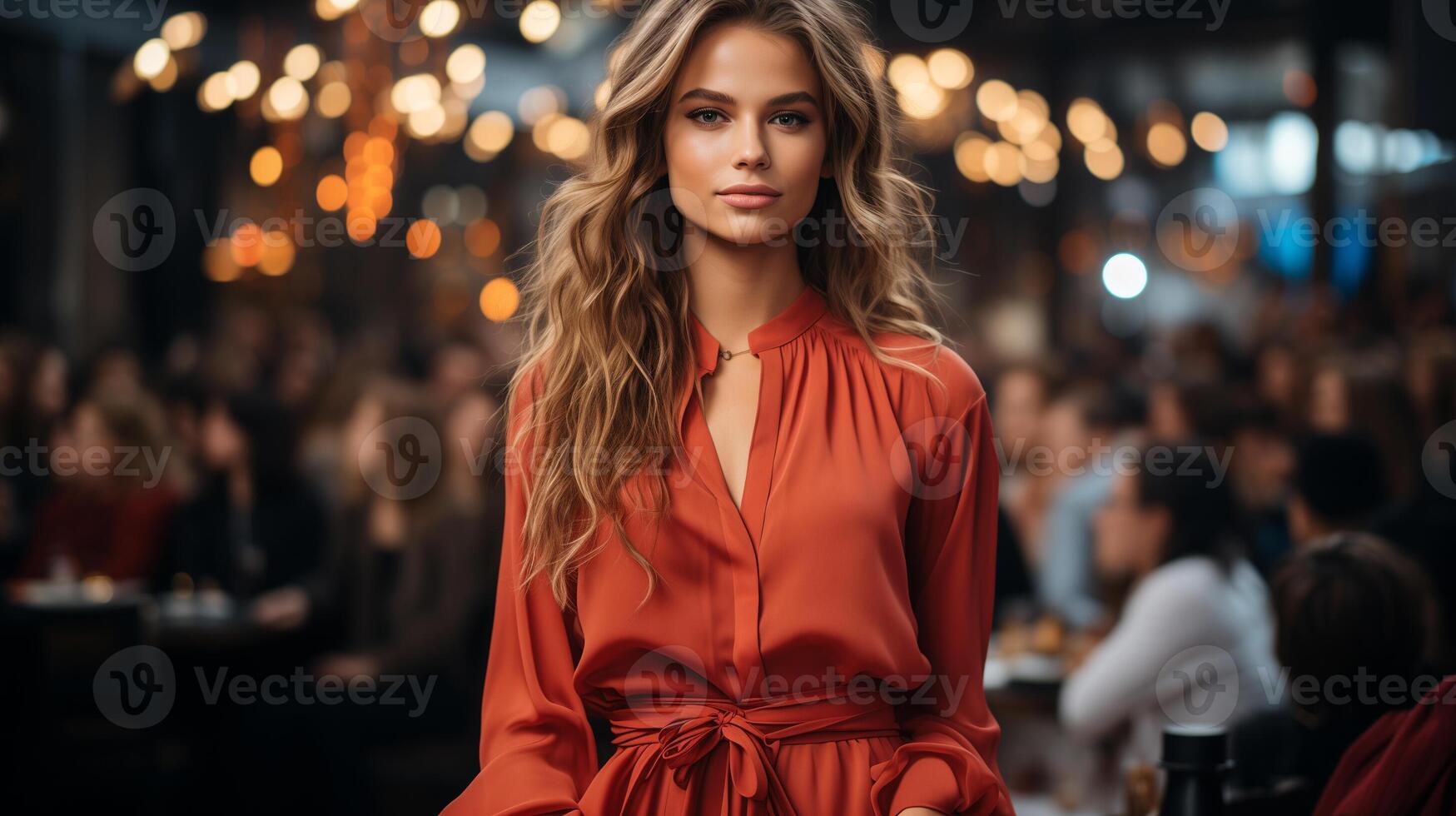 AI generated Elegant woman in red dress posing at fashion event with blurred audience in the background. Glamour and lifestyle concept. Design for fashion magazine, event promotion. photo