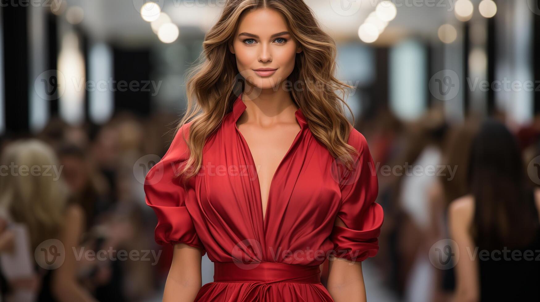 AI generated Model in elegant red dress walking runway at fashion show with audience in background. Fashion industry and runway event concept. Design for advertising, fashion magazine. photo