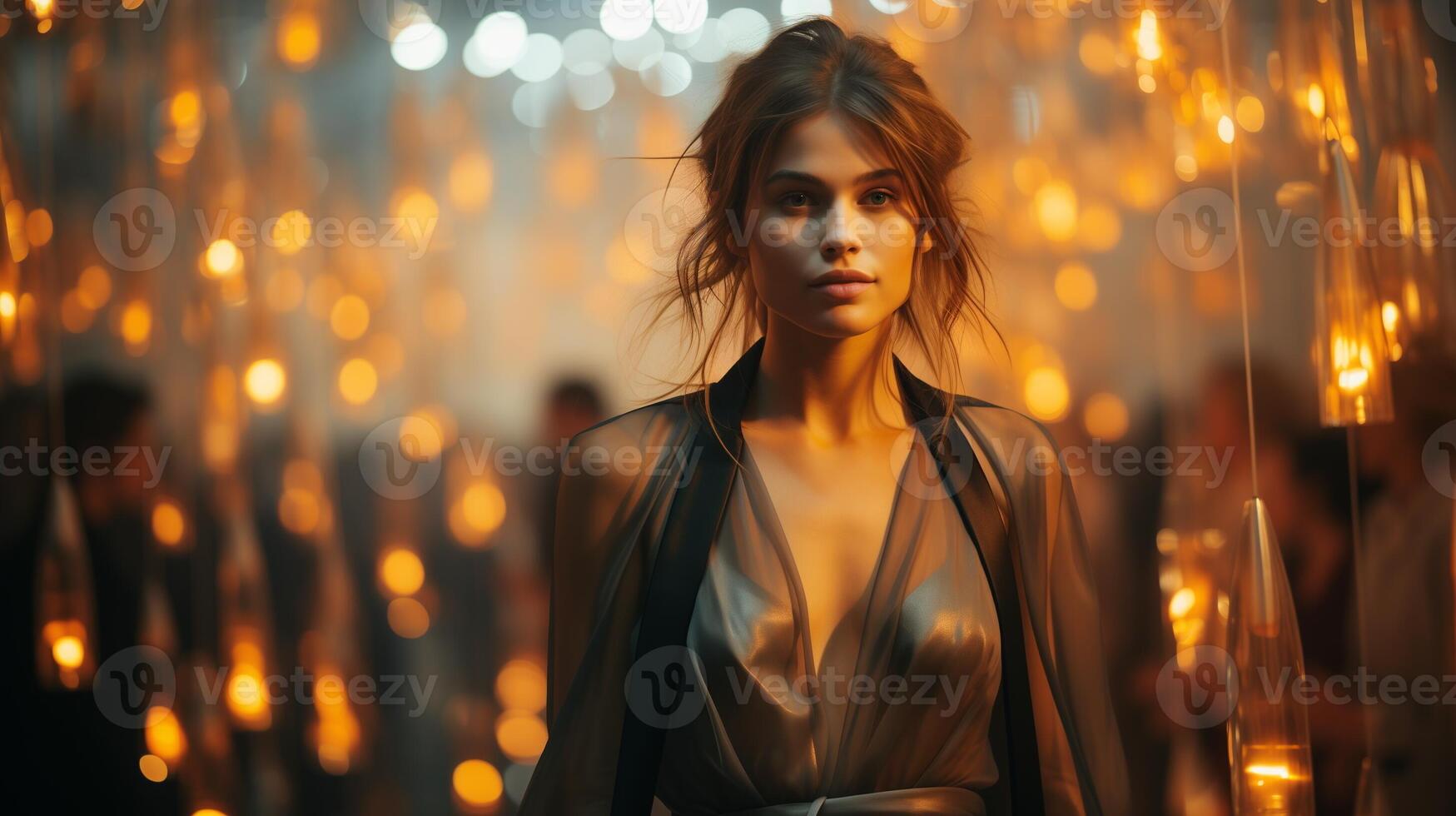 AI generated Elegant woman in black evening dress with subtle makeup in a luxurious event atmosphere, bokeh lighting. Evening fashion and lifestyle concept. Design for poster, greeting card. photo