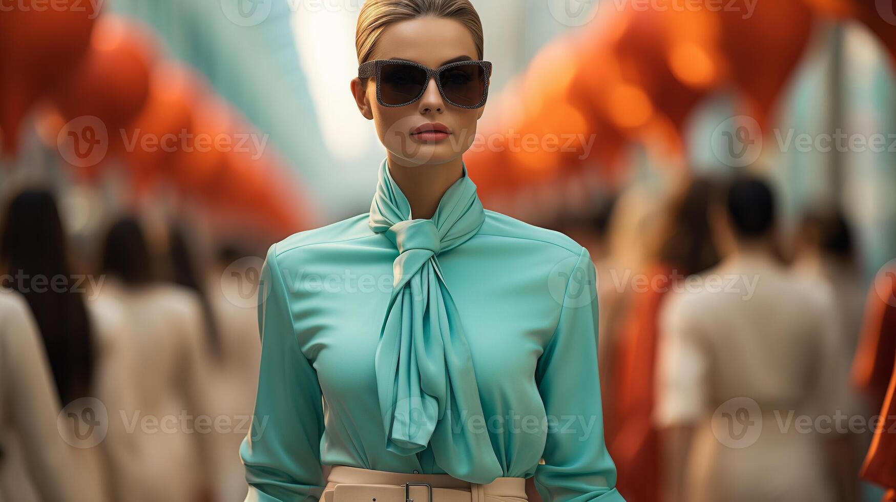 AI generated Fashion model in turquoise blouse and sunglasses at an event with blurred crowd in the background. High-fashion and elegance concept. Design for fashion magazine, brand showcase. photo