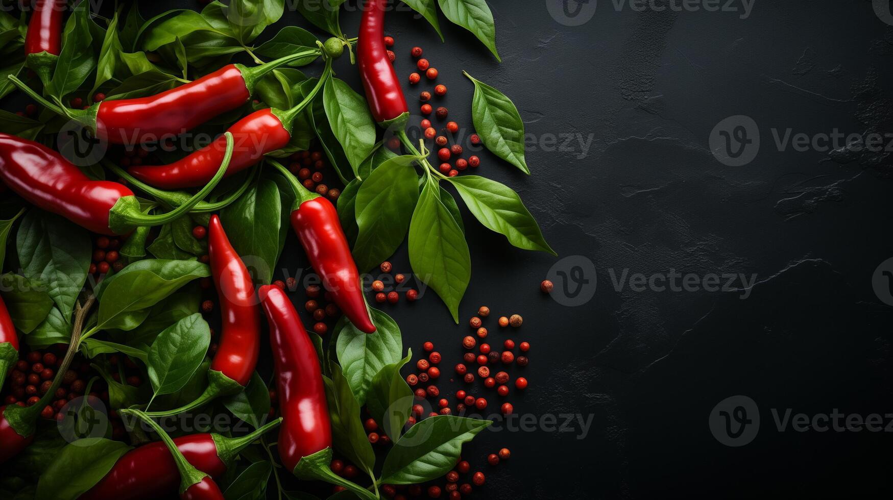 AI generated Top view of red chili peppers, peppercorns, and green basil leaves on a dark textured background. Ingredients for cooking and seasoning concept. Design for spice market advertising photo