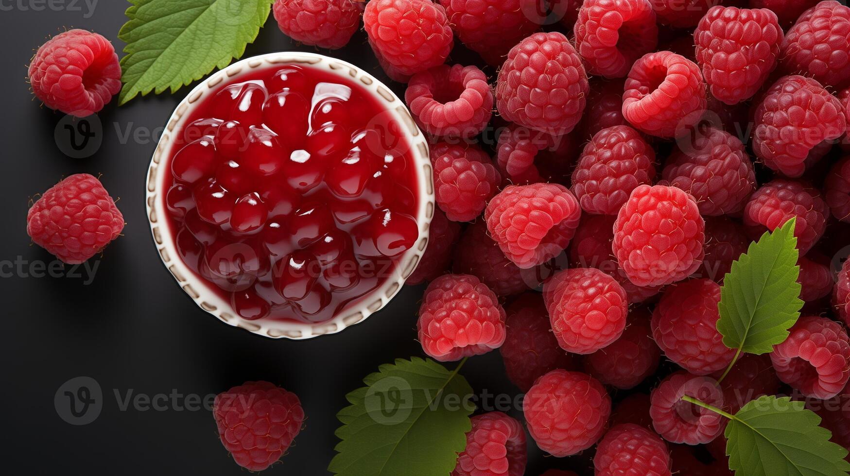 AI generated Fresh Raspberries in Glossy Red Jam on Dark Surface photo