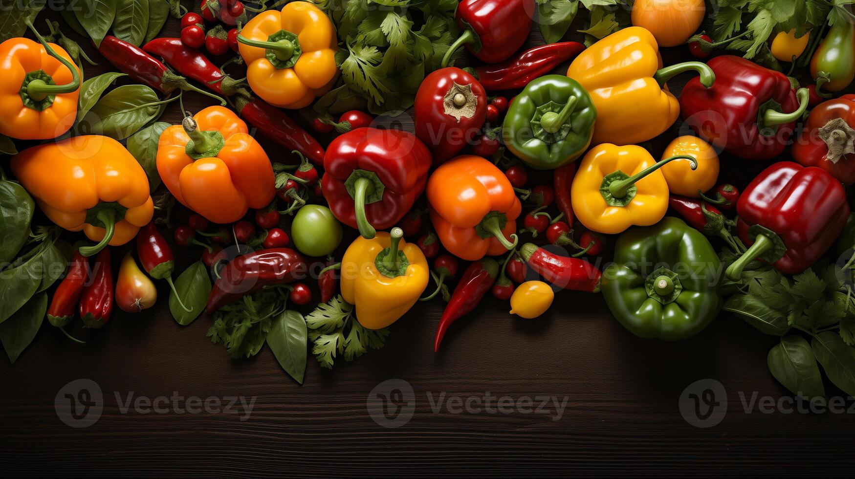 AI generated Overhead view of mixed colorful bell peppers and chili peppers with fresh basil and bay leaves on a dark background. Fresh ingredients and cooking concept. Design for recipe background photo