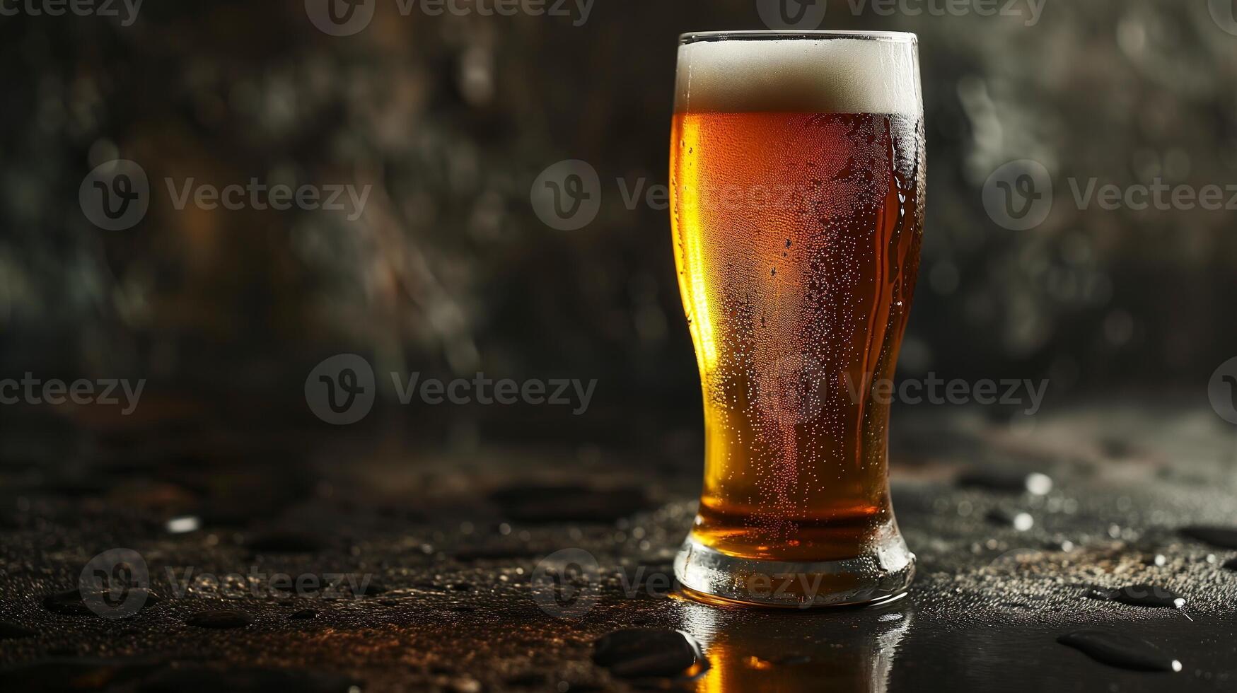 AI generated Beer glass with condensation on a textured surface with dark bokeh background. Beverage and relaxation concept. Design for bar menu, drink promotion. photo