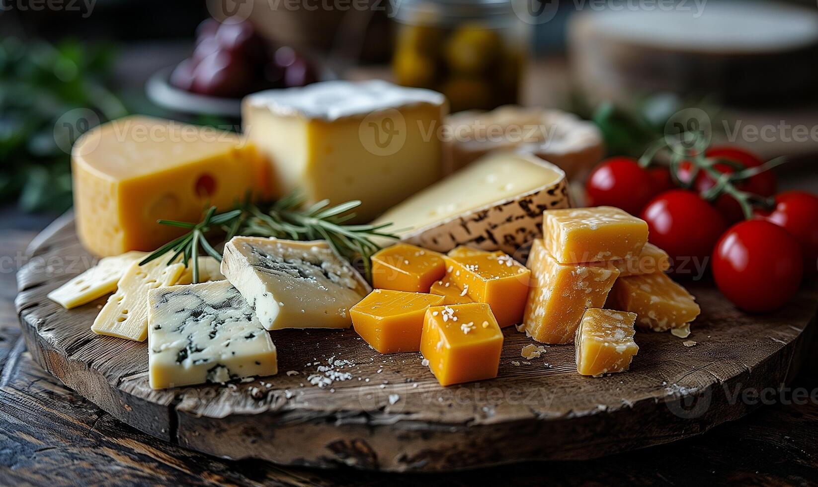 ai generado clasificado quesos con Cereza Tomates y Romero en un rústico de madera tablero. gastrónomo comida concepto. diseño para queso plato menú, culinario guía. foto