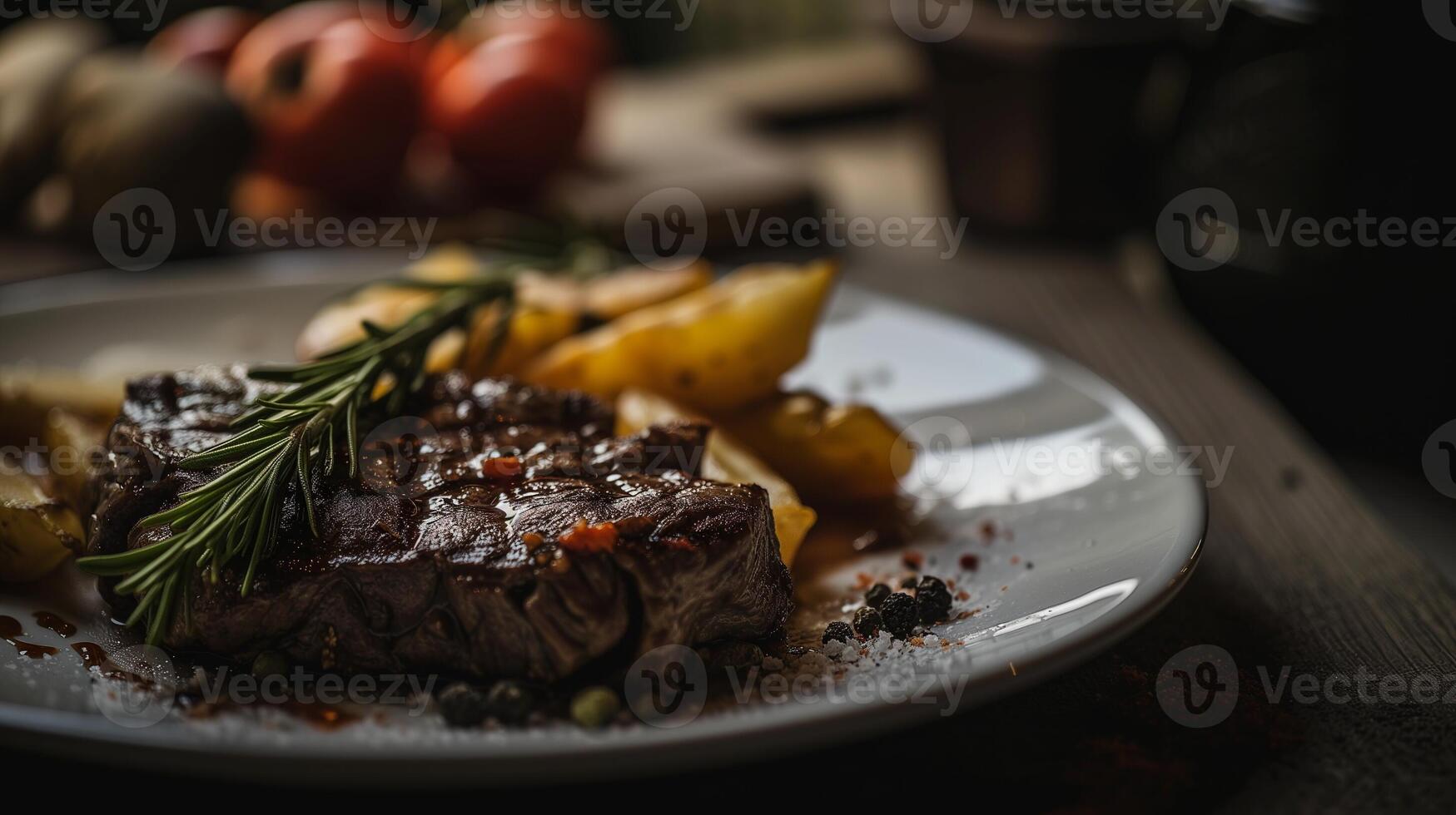 AI generated Steak with rosemary and pepper served with potatoes on a white plate. Rustic dining concept. Design for cookbook, food advertisement. photo
