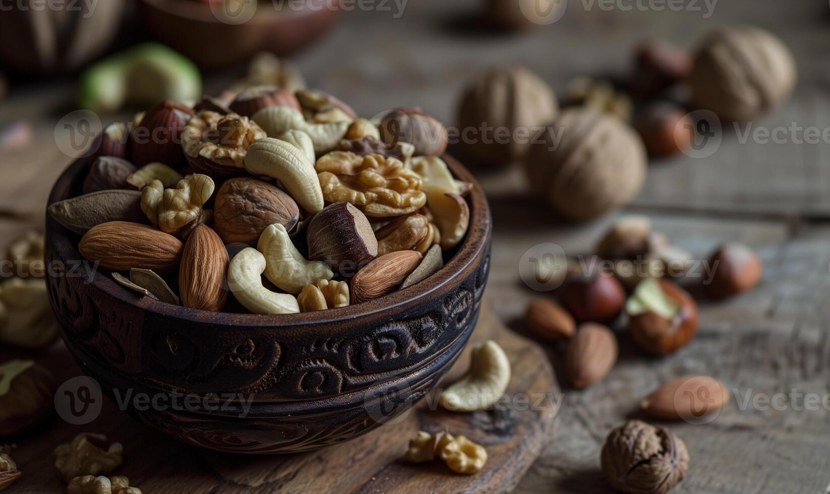 AI generated Variety of mixed nuts in a carved wooden bowl on rustic table. Healthy snacks and food ingredients concept. photo