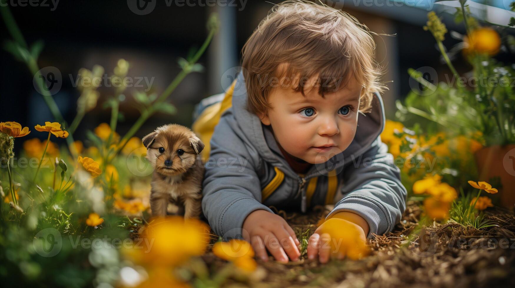 ai generado joven niño y perrito en amarillo flor jardín. curiosidad y infancia concepto. diseño para para niños libro cubrir, póster foto