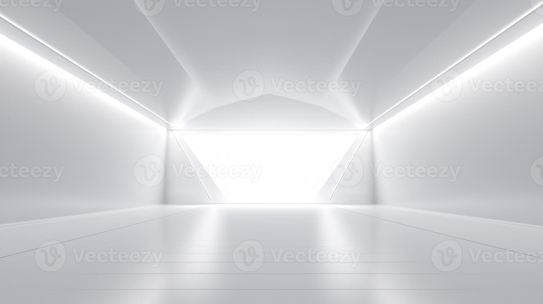 AI generated Futuristic white room interior with triangular light patterns. photo