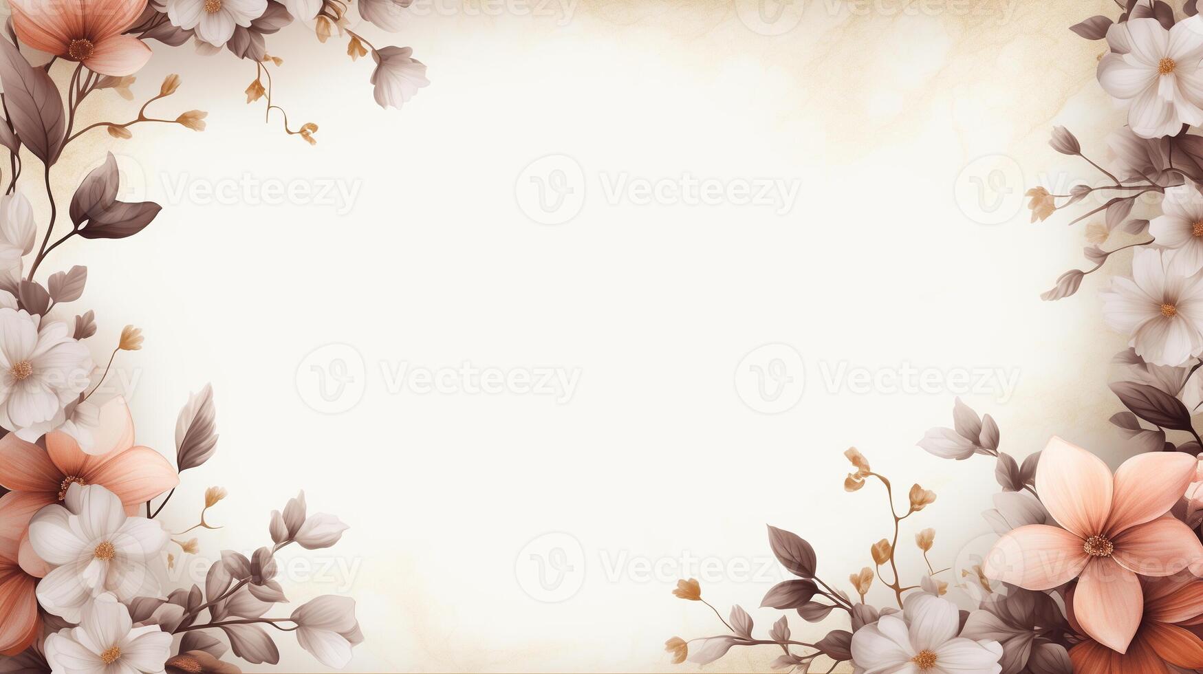 AI generated Elegant floral design on vintage background. Digital art frame with copy space. Wedding invitation and greeting card concept for design. photo