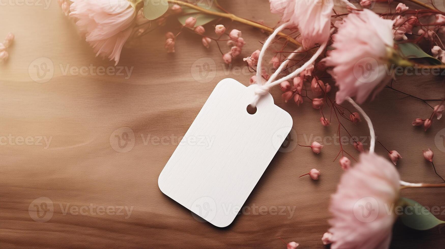 AI generated White label tag with pink flowers on wooden background. Design for wedding favor or Mother's Day gift with copy space. photo
