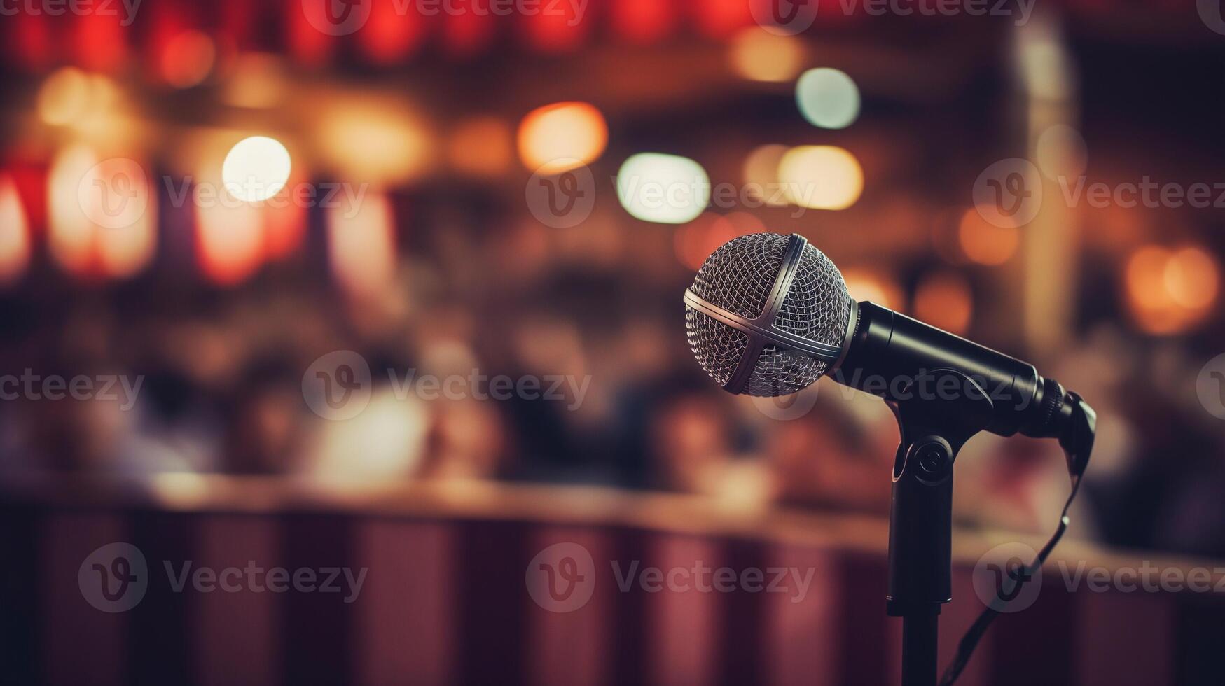 AI generated Close up of microphone stand in the blurry background photo