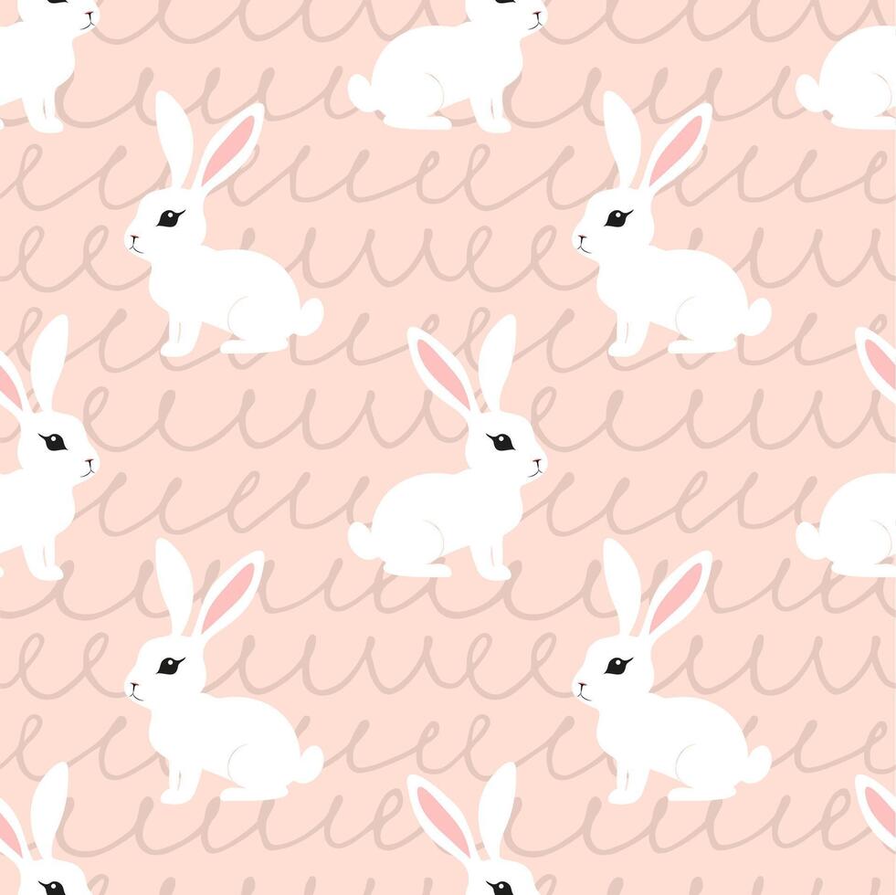 A pattern of rabbits is shown on a pink background. The rabbits are all white and have pink ears. The pattern is made up of many small rabbits, each one slightly different from the others vector