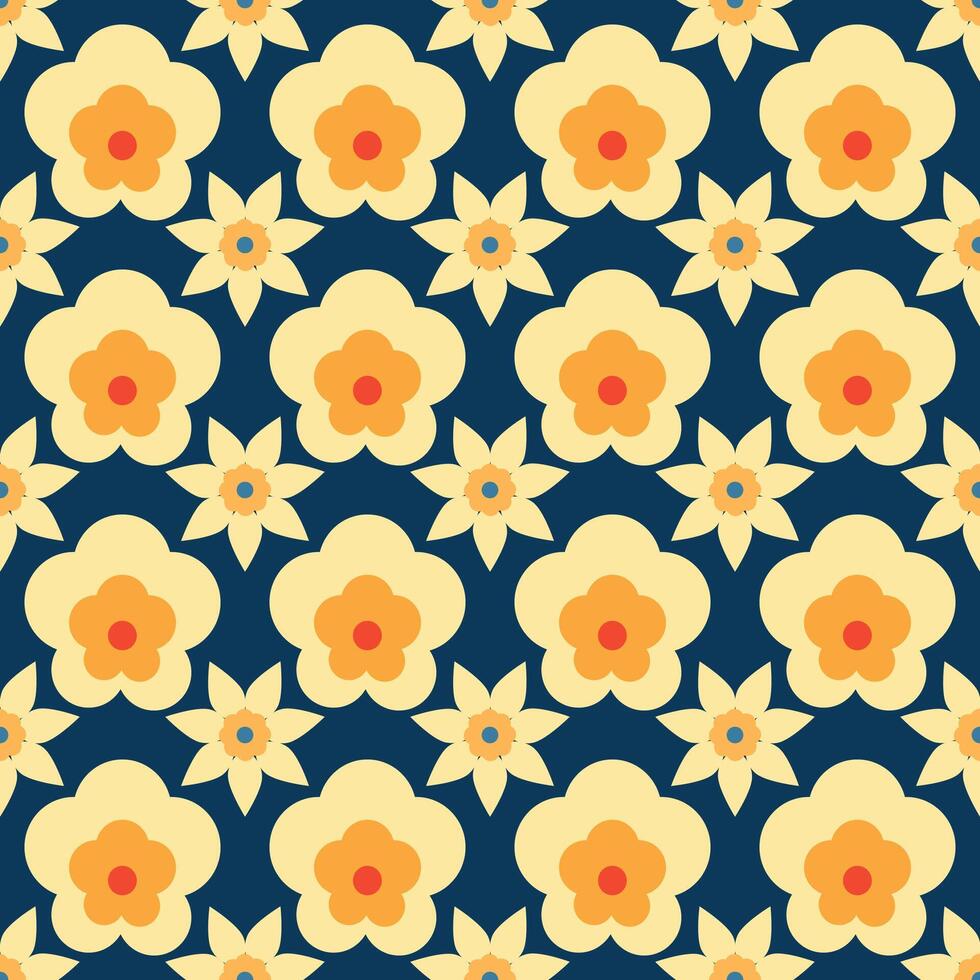 A blue and yellow floral pattern with orange flowers. The flowers are arranged in a way that creates a sense of movement and flow. Scene is cheerful and uplifting, as the bright colors vector