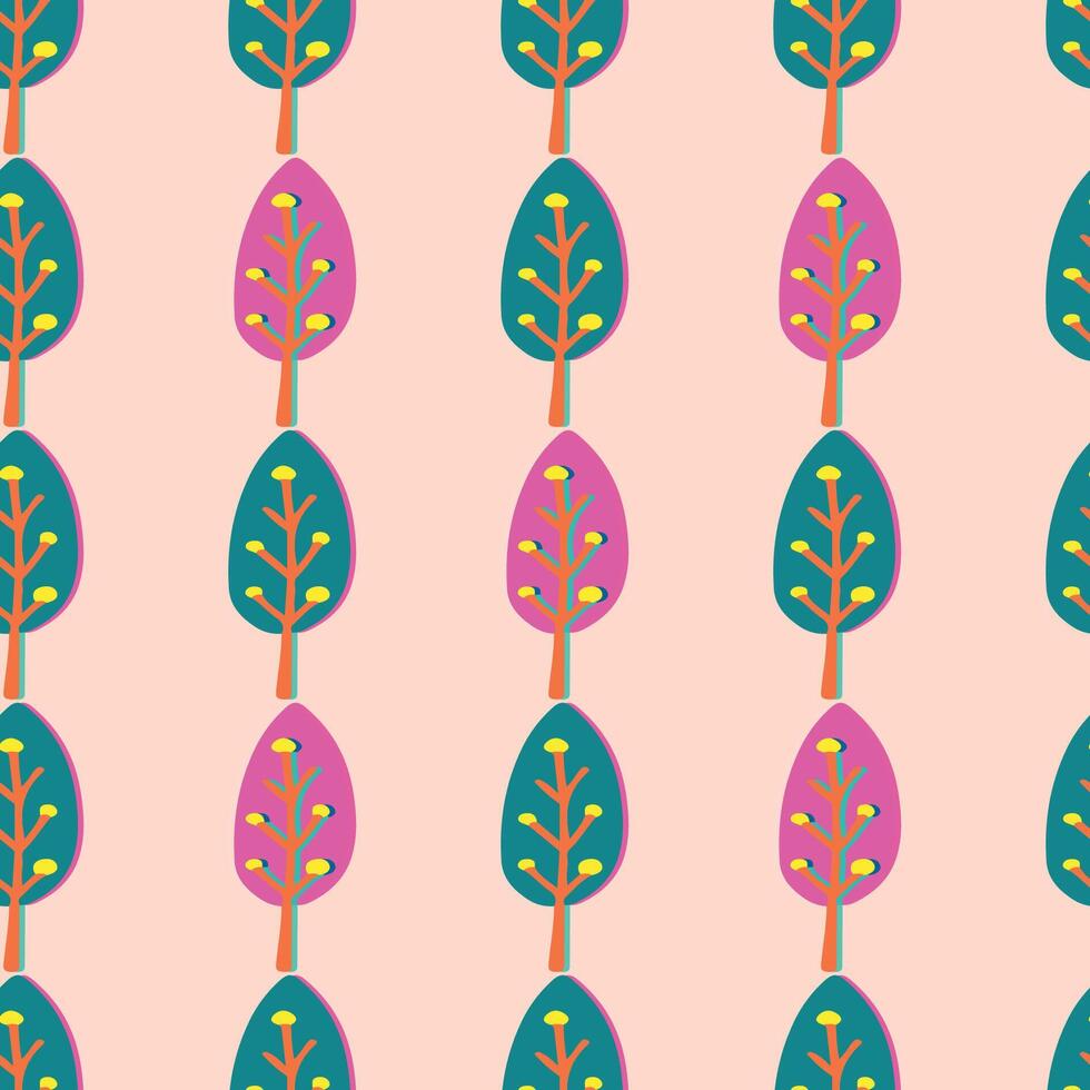 A colorful pattern of trees with pink and green leaves. The trees are arranged in a row and are of different sizes. Scene is cheerful and lively vector