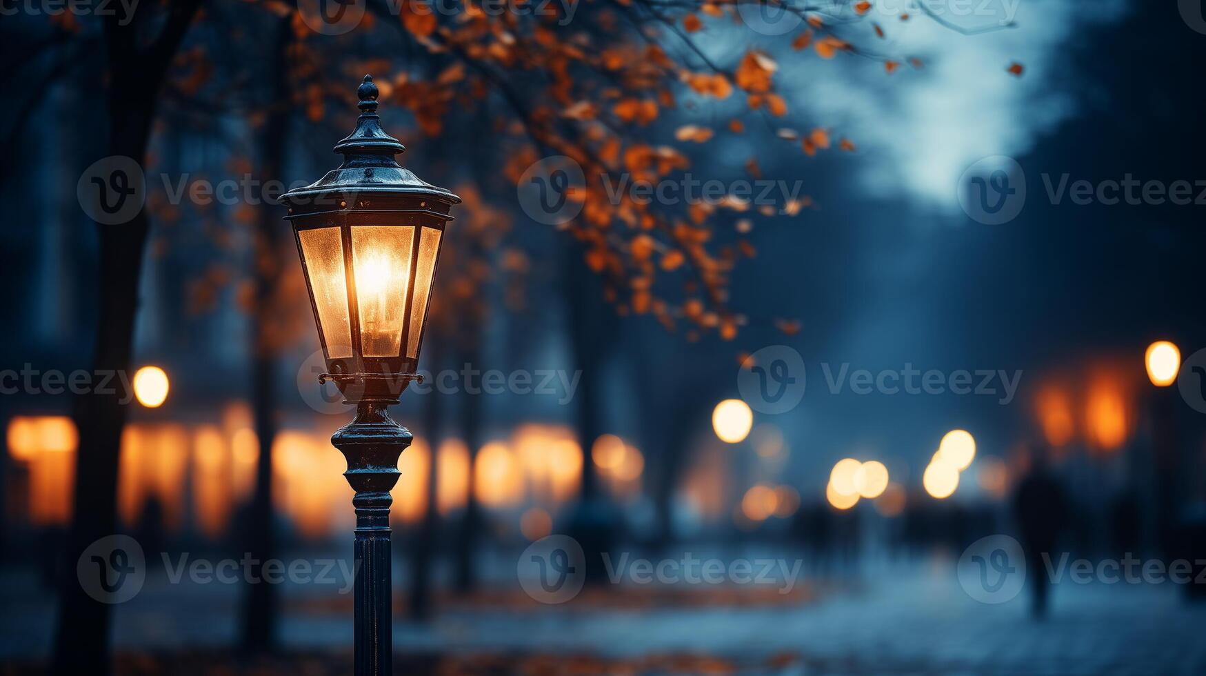 AI generated Vintage street lamp illuminating a tree-lined path with autumn leaves, evoking an evening stroll in the park ambiance. photo