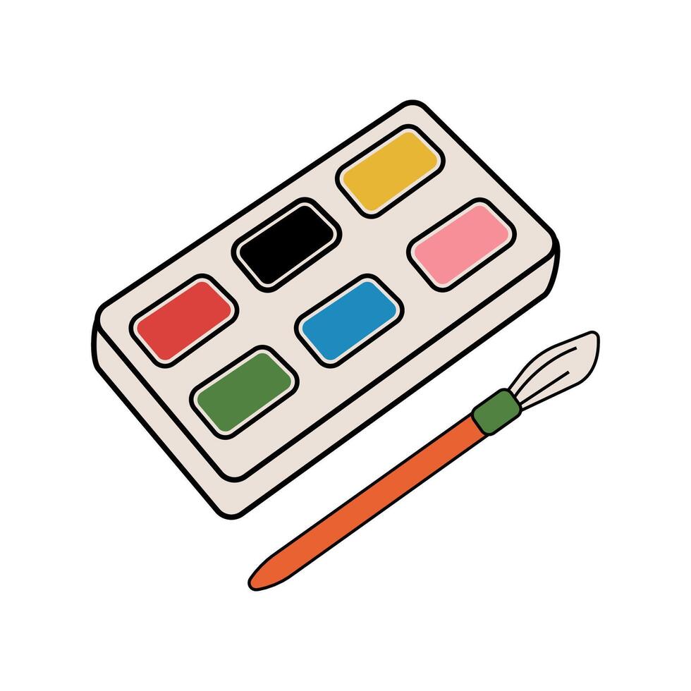 Children's watercolor.  Vector palette icon, brushes. Illustration of the flat design of a watercolor palette. doodle style