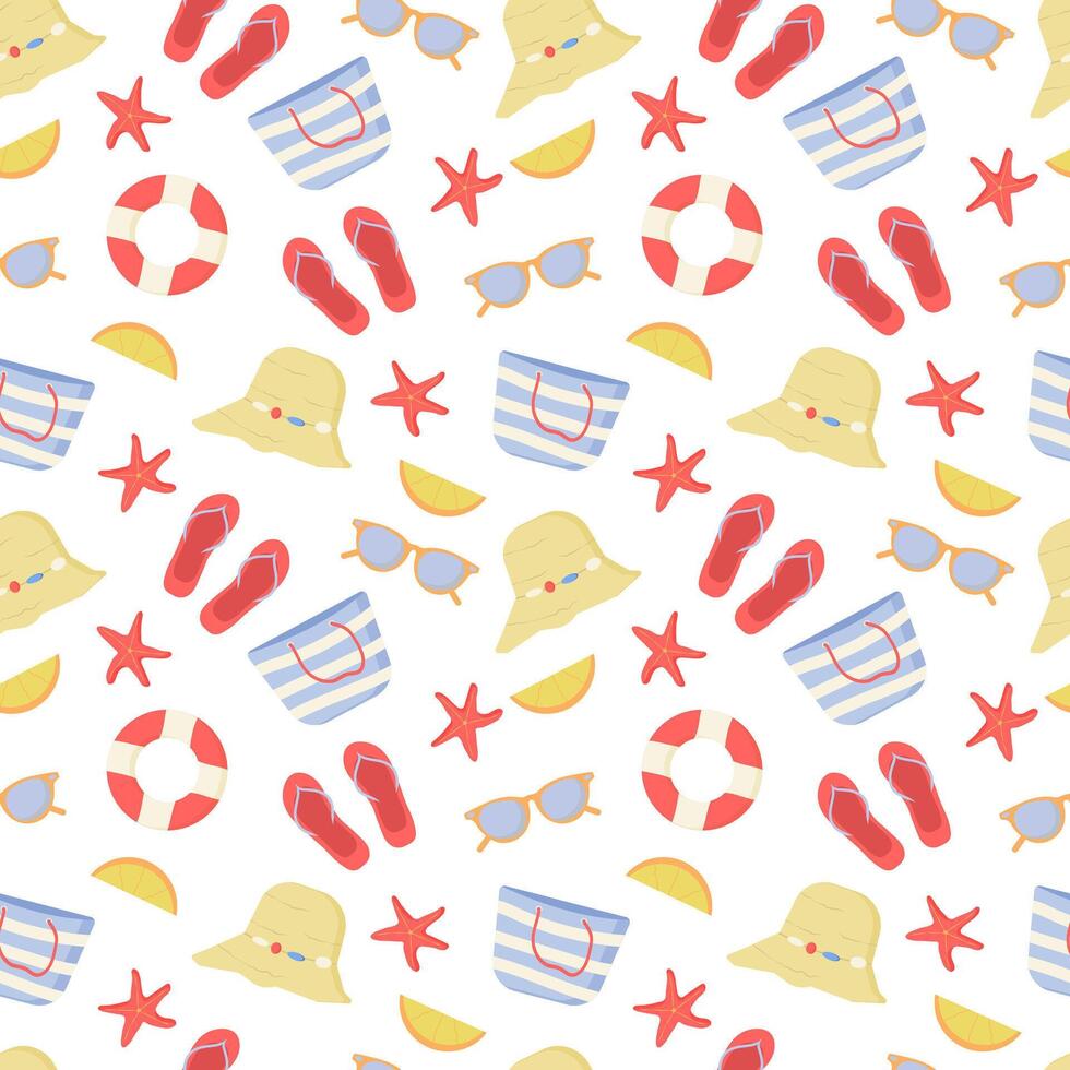 Colorful seamless summer pattern with handmade beach elements such as sunglasses, lifebuoy, starfish, bag, flip-flops, orange slice. Vector illustration