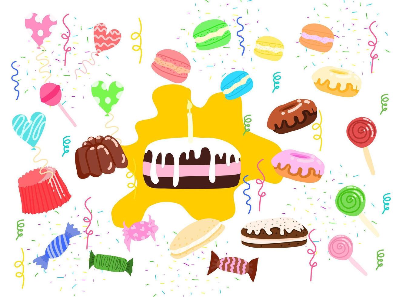 Brightly colored greeting card or party invitation, vector illustration.
