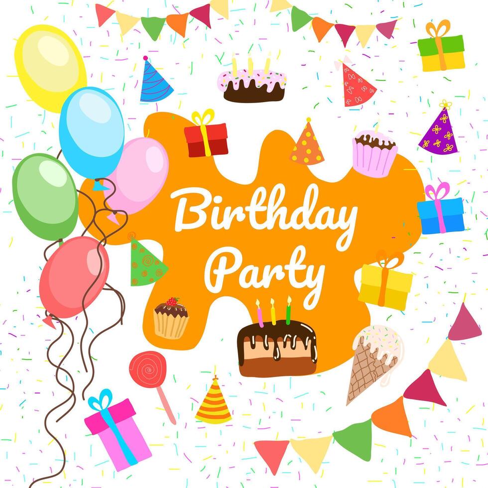 Brightly colored greeting card or party invitation, vector illustration.