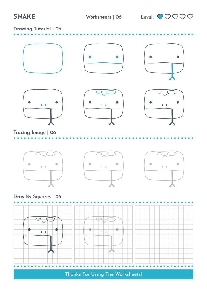 How to Draw Doodle Snake, Cartoon Character Step by Step Drawing Tutorial. Activity Worksheets For Kids vector