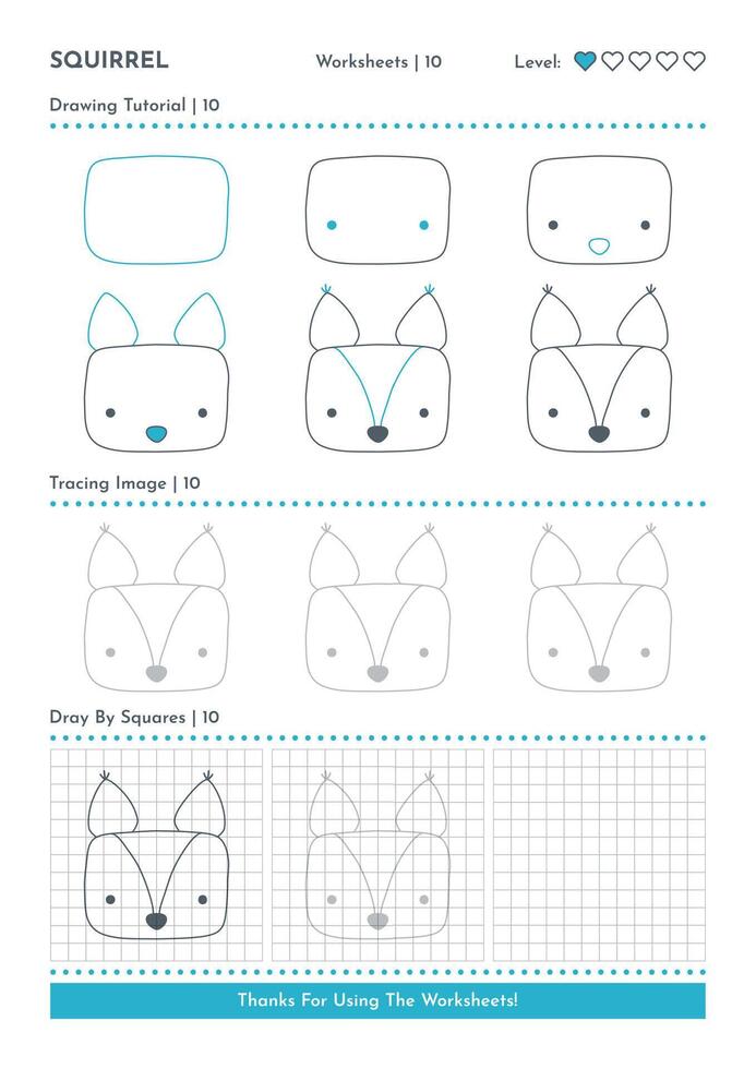 How to Draw Doodle Squirrel, Cartoon Character Step by Step Drawing Tutorial. Activity Worksheets For Kids vector