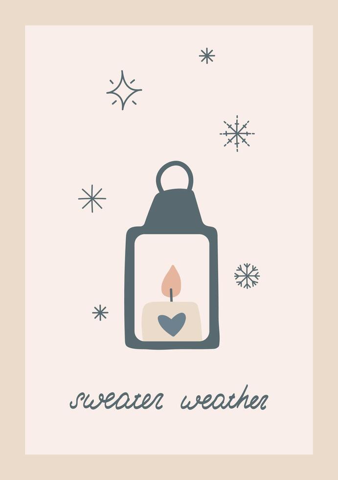 acogedor invierno Navidad linda mano dibujado linterna con vela vector ilustración saludo tarjeta