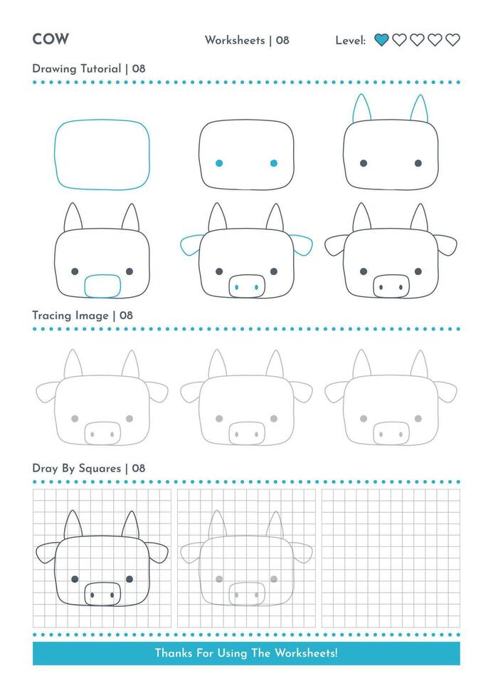 How to Draw Doodle Cow, Cartoon Character Step by Step Drawing Tutorial. Activity Worksheets For Kids vector