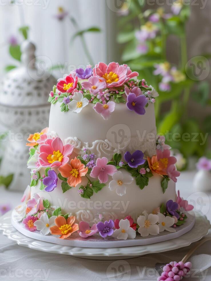 AI generated Wedding cake with flower decoration photo