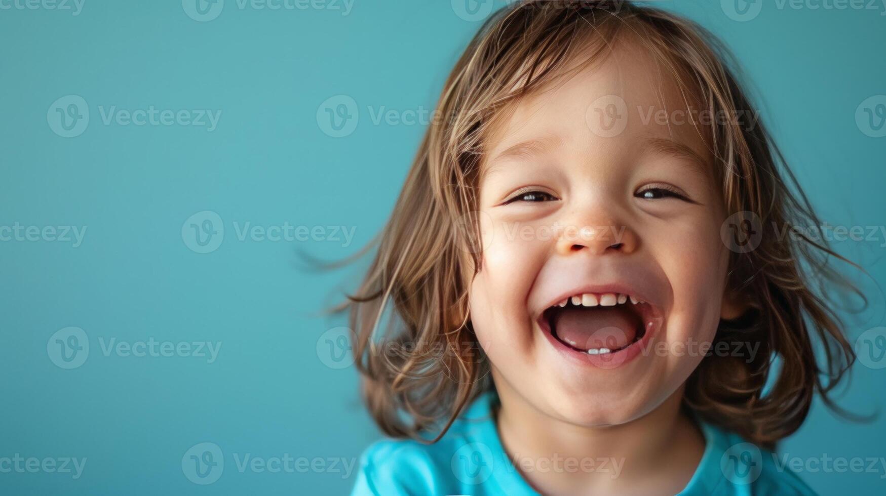 AI generated Little boy who laughs loudly on pastel blue background photo