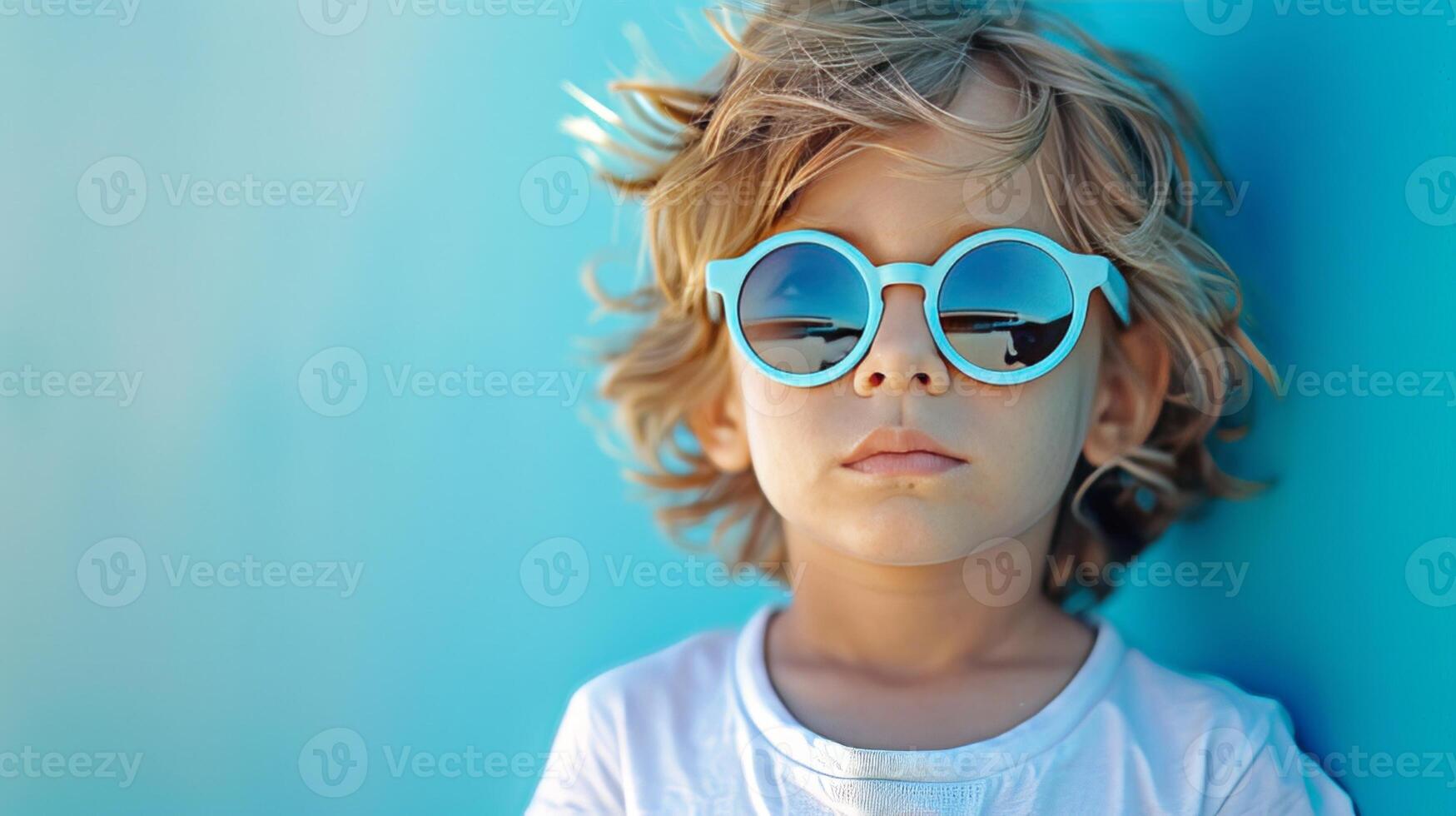 AI generated Little boy with blue-rimmed sunglasses on pastel blue background photo