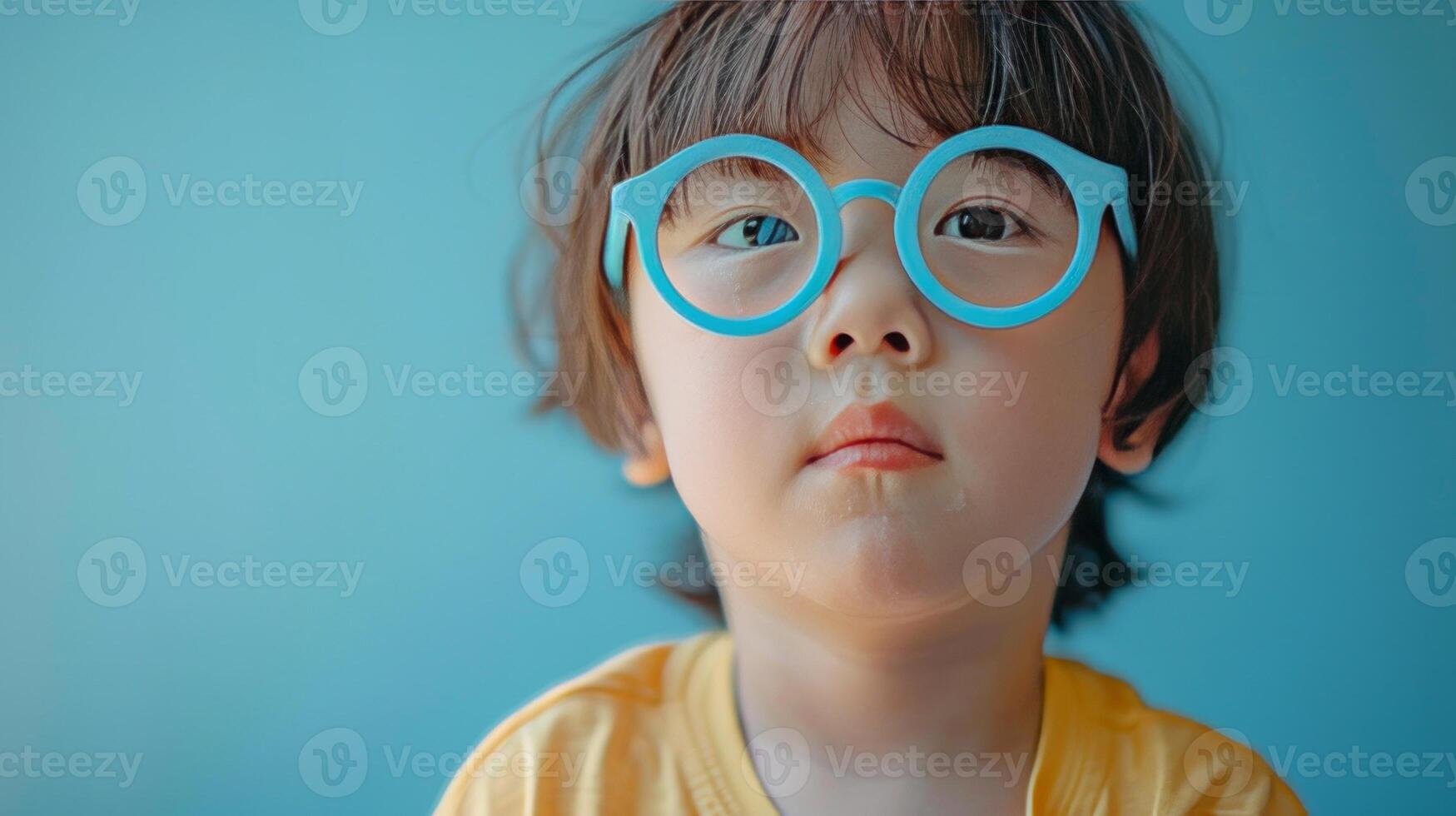 AI generated Little boy with blue-rimmed sunglasses on pastel blue background photo