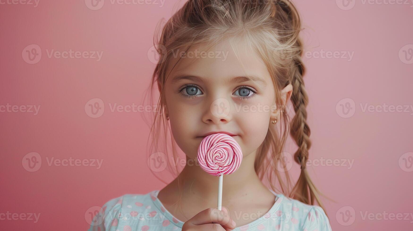 AI generated Little girl hold in your hand a pink lollipop on pastel pink background photo