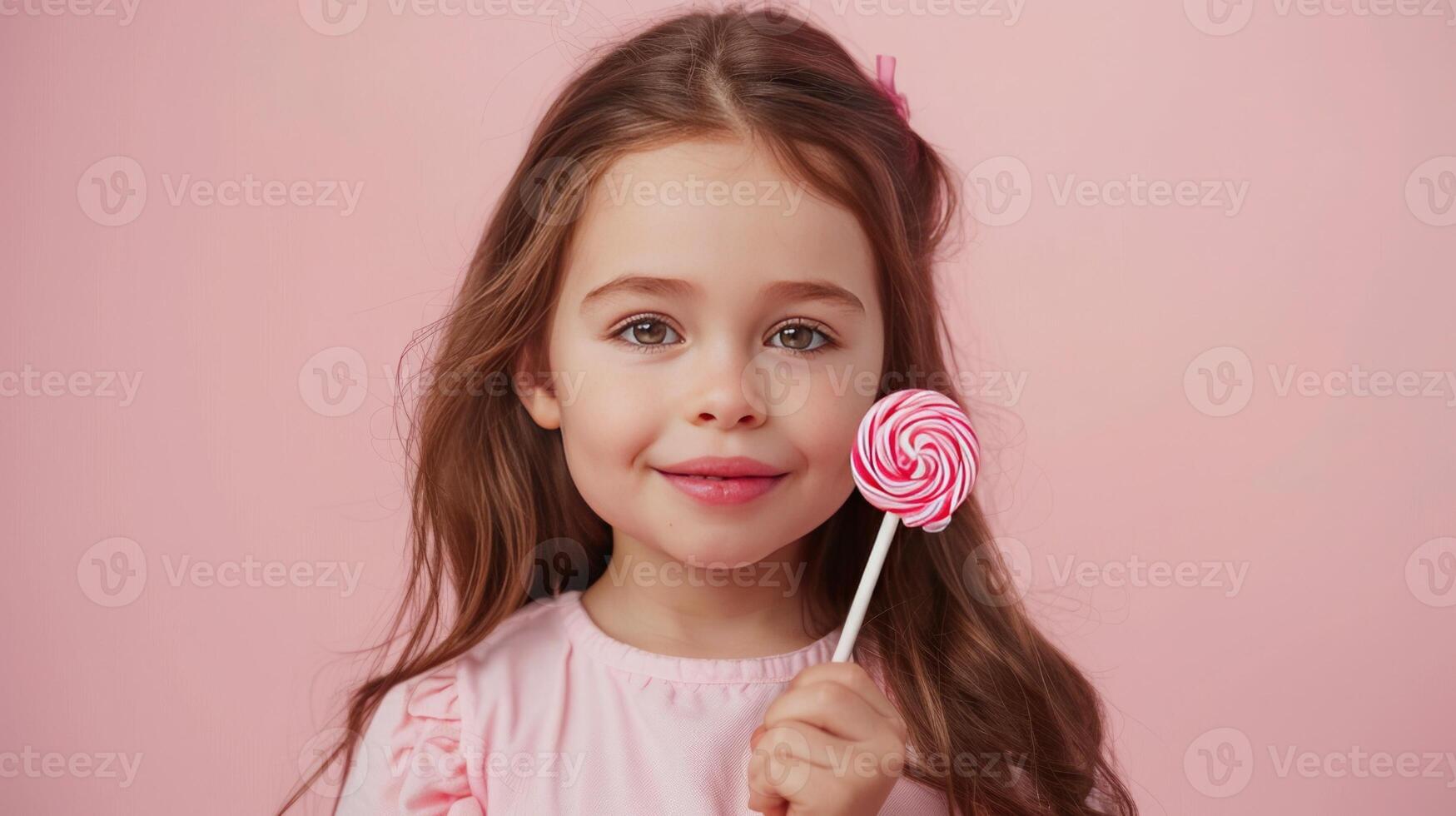 AI generated Little girl hold in your hand a pink lollipop on pastel pink background photo