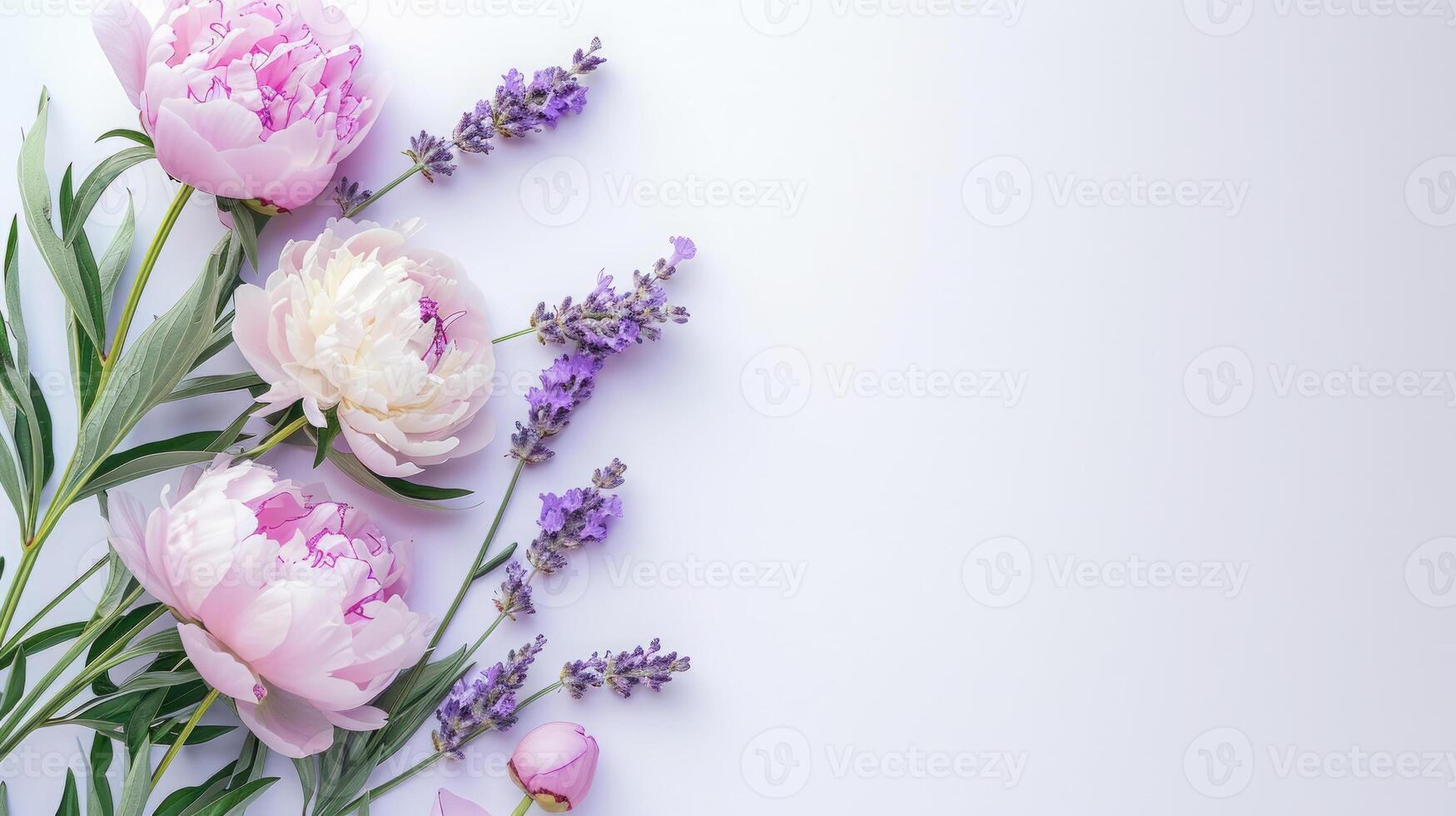 AI generated Peonies flowers top view, spring background, free space photo