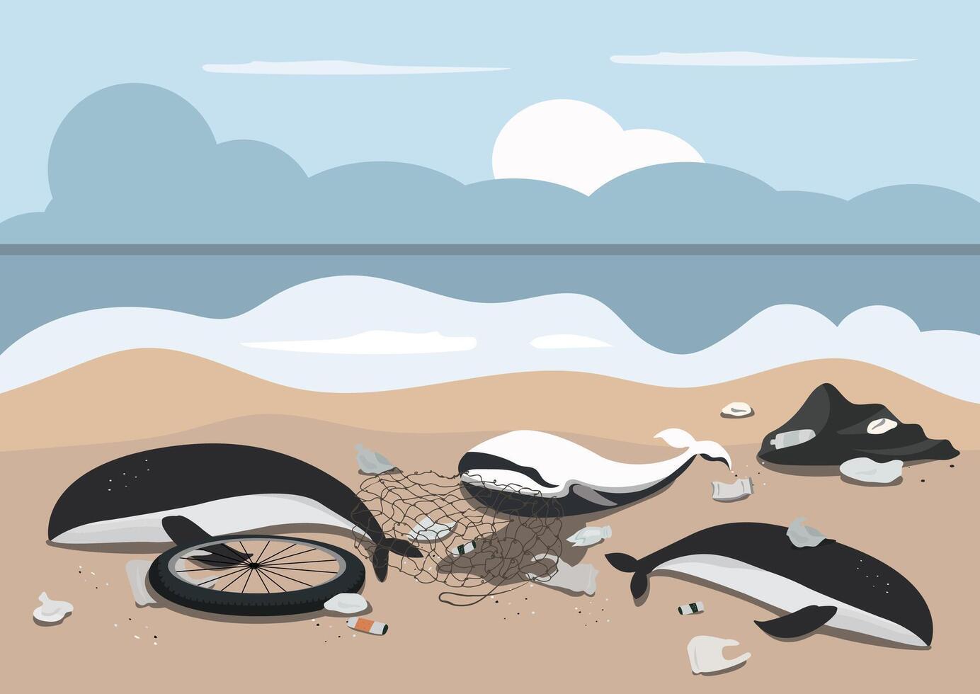 a family whale carcass stranded on beach with fishing net waste and plastic pollution around background vector