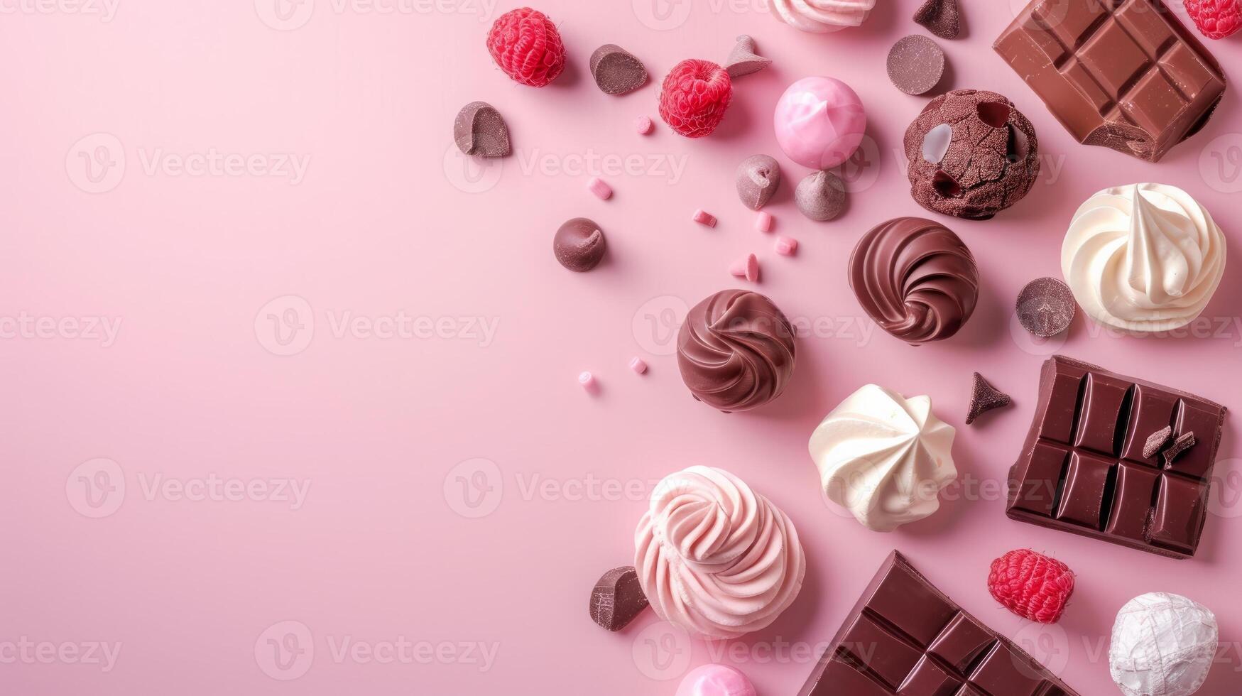 AI generated Chocolates and candies top view, sweet background, free space photo