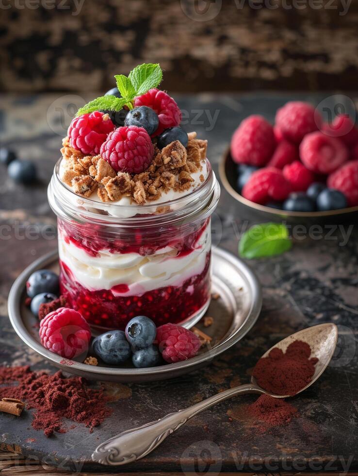 AI generated Raspberry parfait, healthy food, realistic photography photo