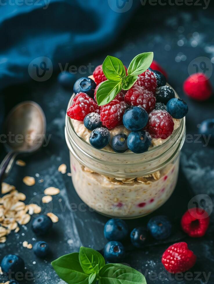 AI generated Raspberry parfait, healthy food, realistic photography photo